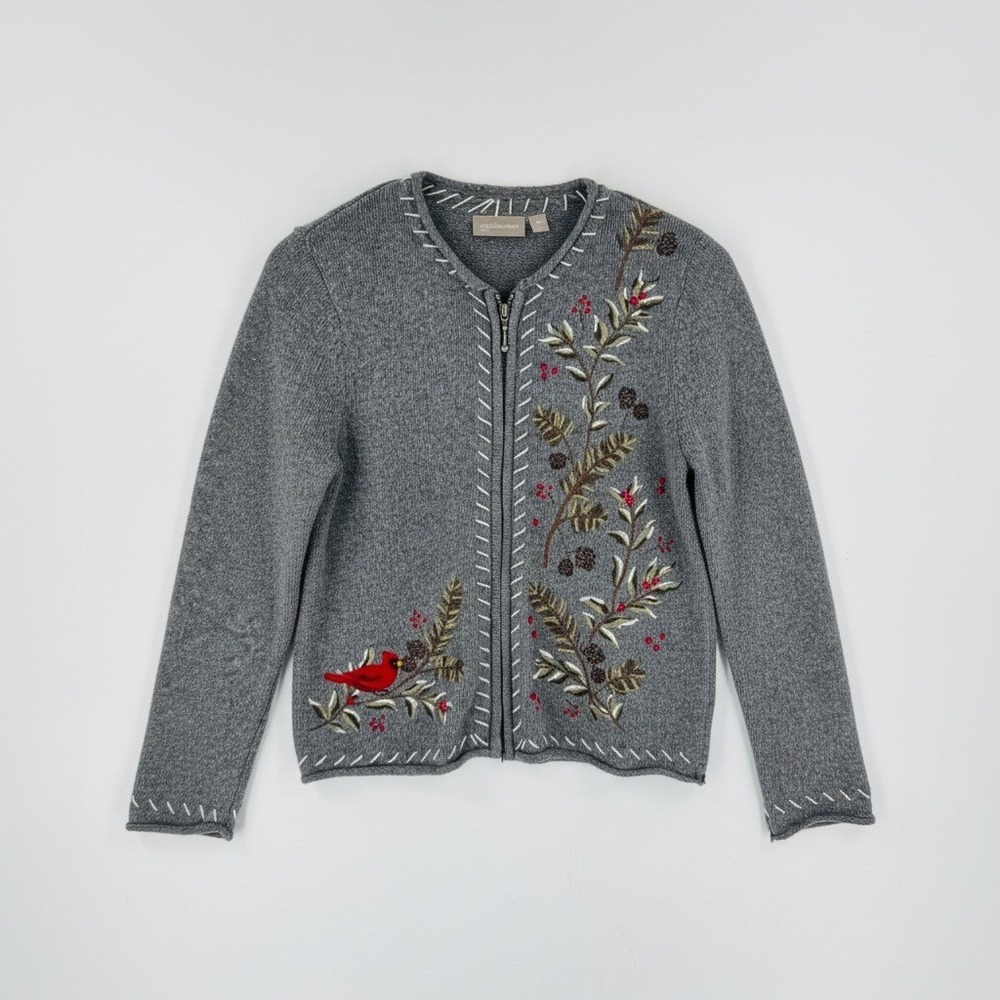 Vintage Cardinal Embroidered Knit Zip Cardigan Gray Petite Size PS Christmas 90s